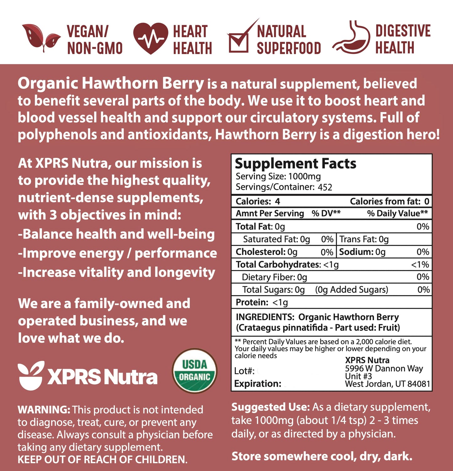 XPRS Nutra Organic Hawthorn Berry Powder – Premium USDA Organic Hawthorn for Cardiovascular Support – Vegan (16 oz)