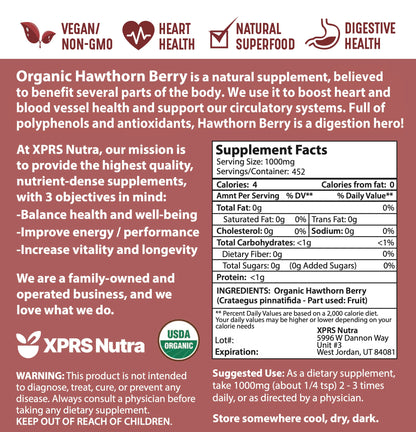 XPRS Nutra Organic Hawthorn Berry Powder – Premium USDA Organic Hawthorn for Cardiovascular Support – Vegan (16 oz)