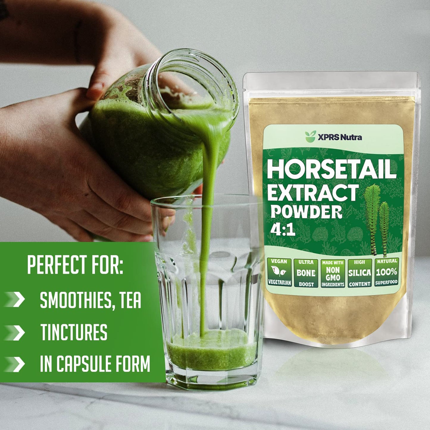 XPRS Nutra Horsetail Extract Powder – High Potency Silica for Hair, Nails & Bones – Vegan, 16 oz