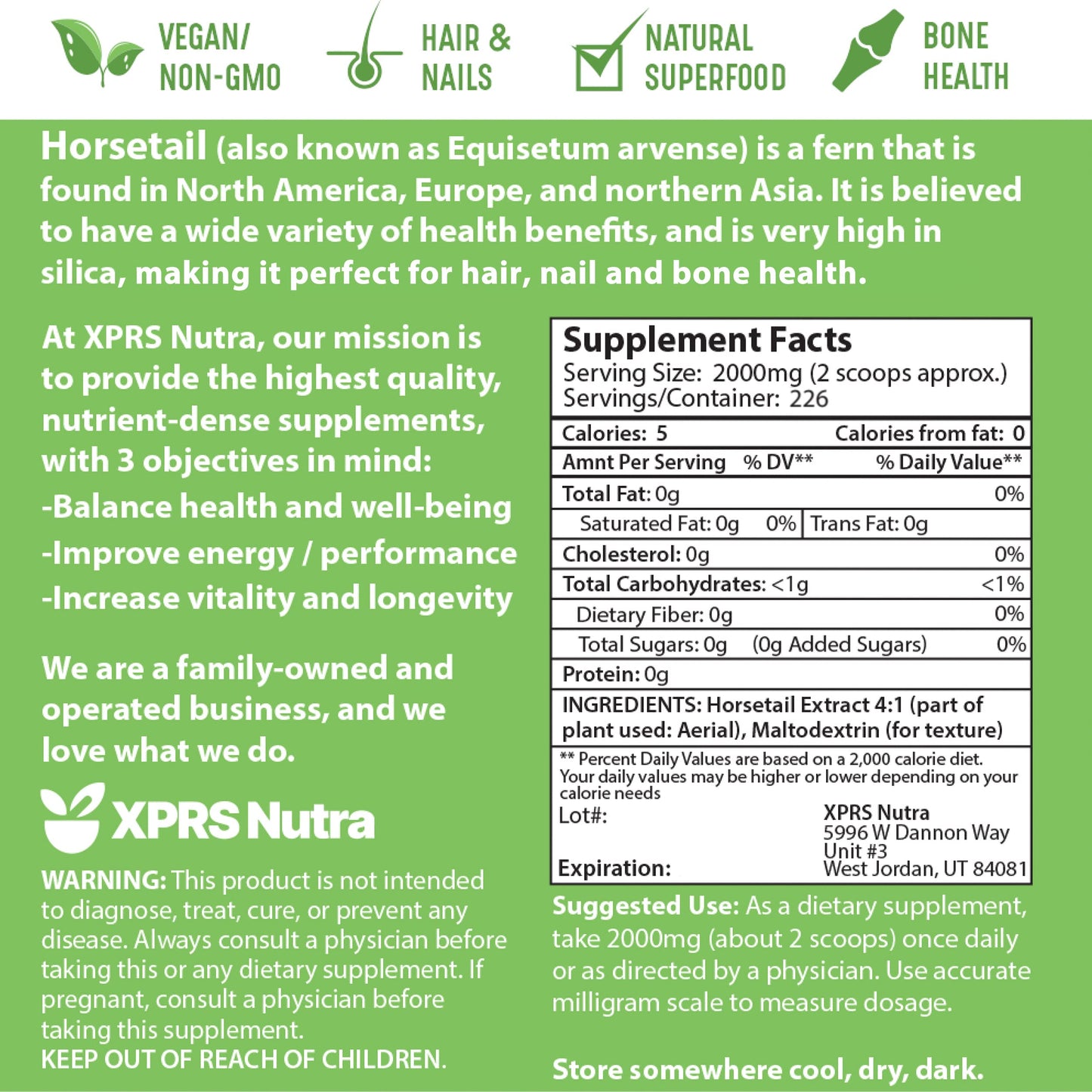 XPRS Nutra Horsetail Extract Powder – High Potency Silica for Hair, Nails & Bones – Vegan, 16 oz