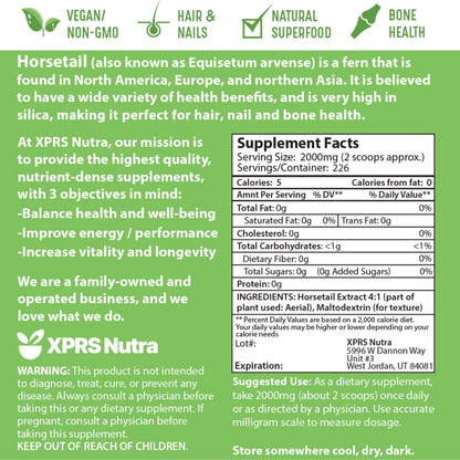 XPRS Nutra Horsetail Extract Powder – High Potency Silica for Hair, Nails & Bones – Vegan, 16 oz