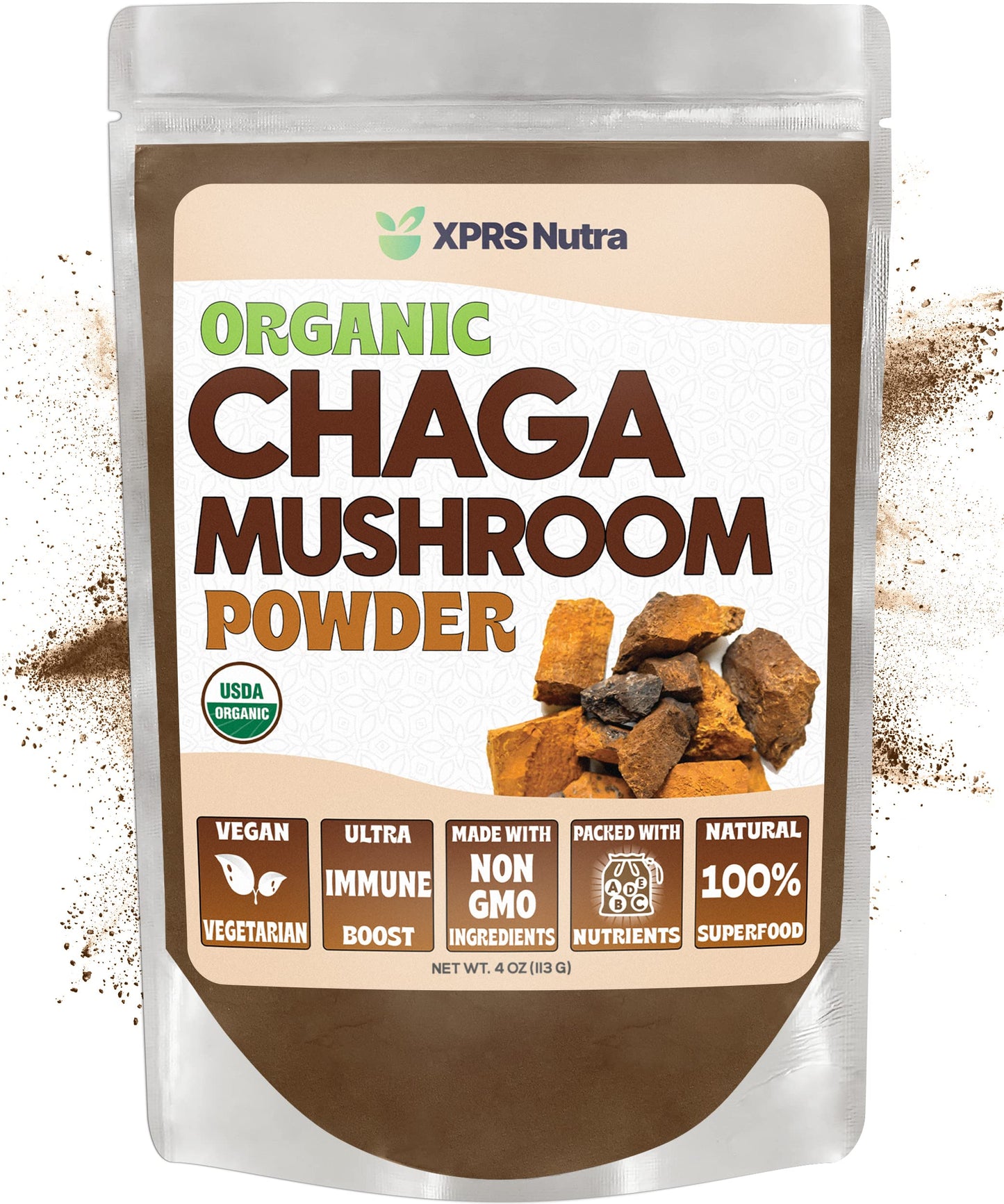 XPRS Nutra Organic Chaga Mushroom Powder - Premium USDA Organic Chaga (4 oz)