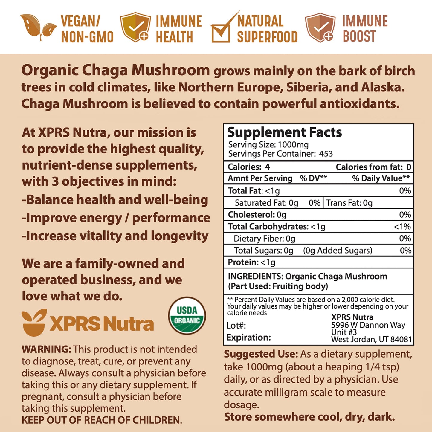 XPRS Nutra Organic Chaga Mushroom Powder - Premium USDA Organic Chaga (4 oz)