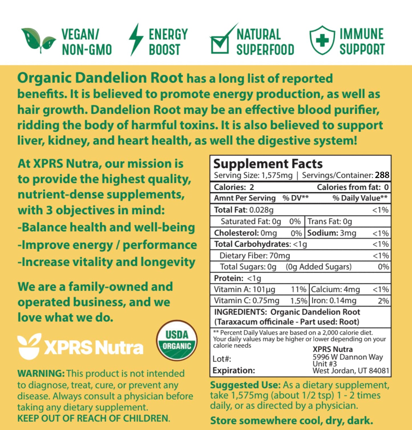 XPRS Nutra Organic Dandelion Root Powder - Vegan, Liver Support - 16 oz