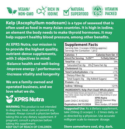 XPRS Nutra Organic Kelp Powder (Ascophyllum Nodosum) - Seaweed Powder with Iodine, Immune Vitamins & Minerals - Food Grade Kelp Supplement (16 oz) - Vegan Superfood for Skin Care