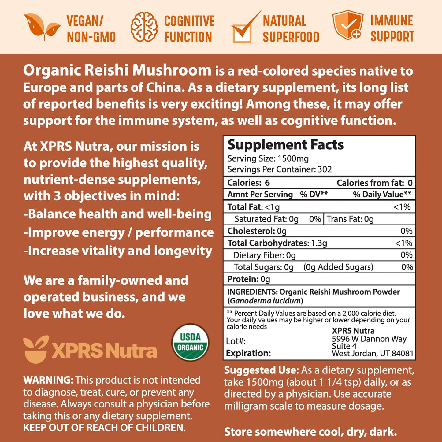 XPRS Nutra Organic Red Reishi Powder - 16 oz | Cognition & Longevity (Vegan)