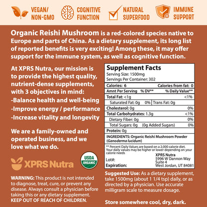 XPRS Nutra Organic Red Reishi Powder - 16 oz | Cognition & Longevity (Vegan)