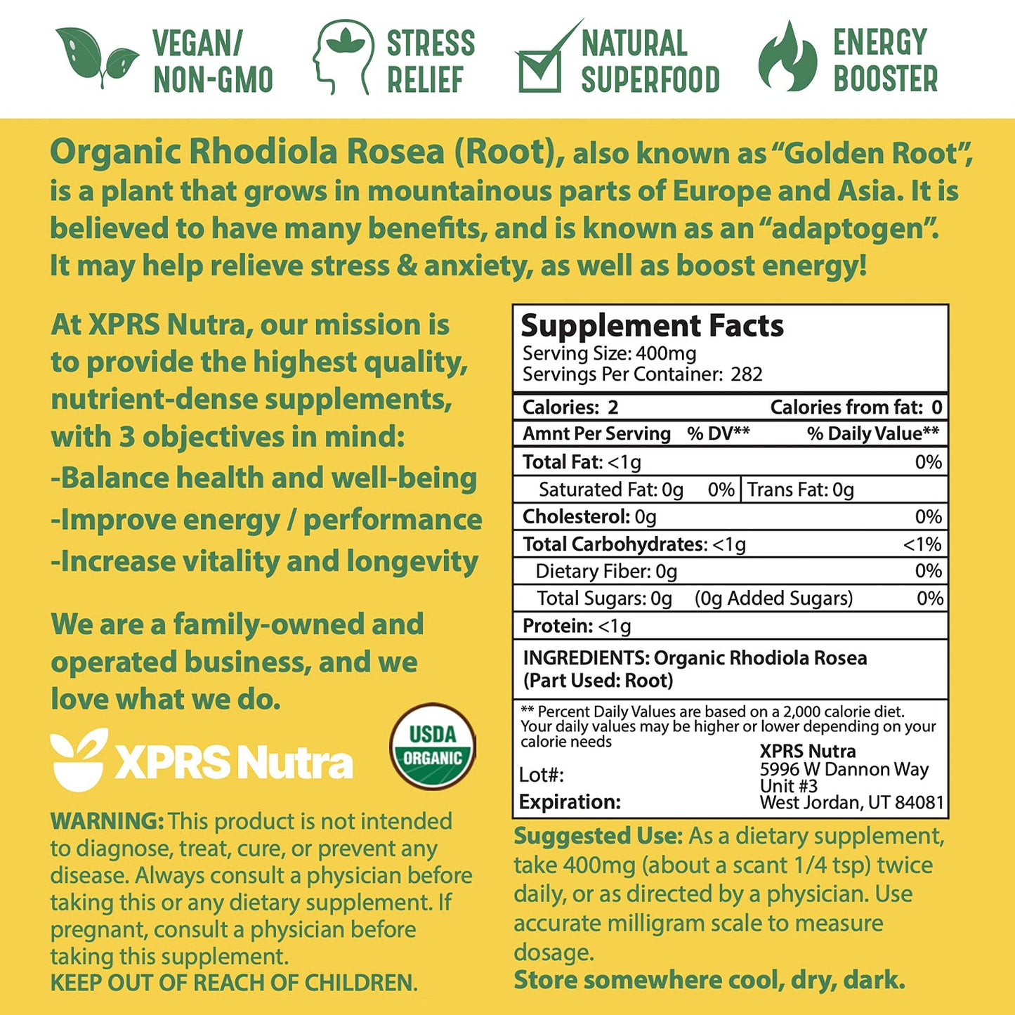 XPRS Nutra Organic Rhodiola Rosea Powder – Premium USDA Organic (4 oz)