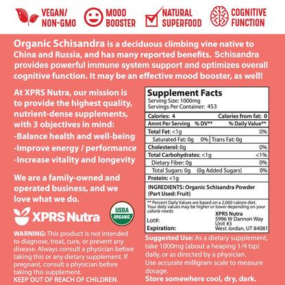 XPRS Nutra Organic Schisandra Berry Powder Extract | USDA Organic, Cognition & Immunity (16 oz) BritishVita | Premium UK Vitamins & Wellness Supplements