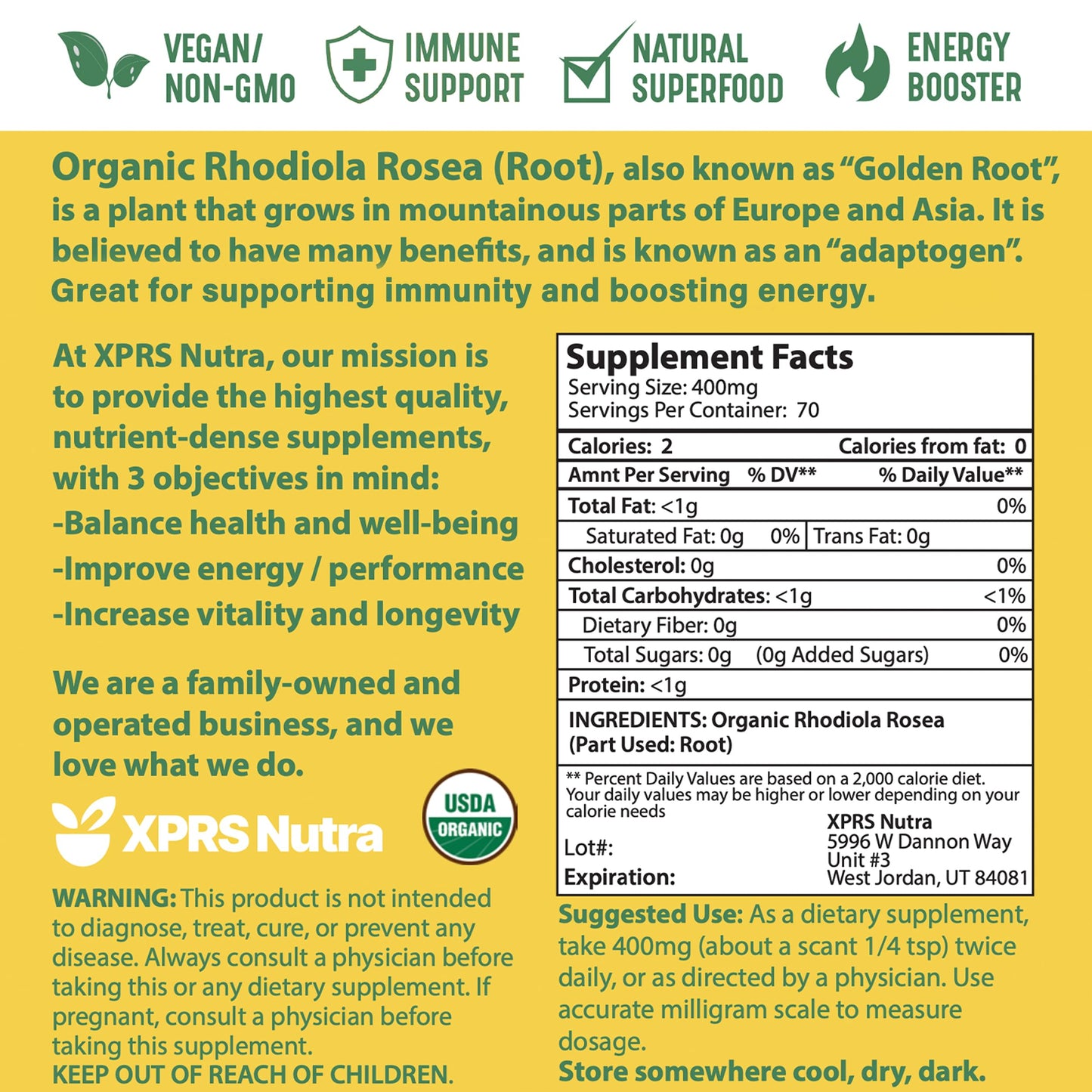 XPRS Nutra Organic Rhodiola Rosea Powder – USDA Organic, Vegan, Cognition & Energy (1 oz)
