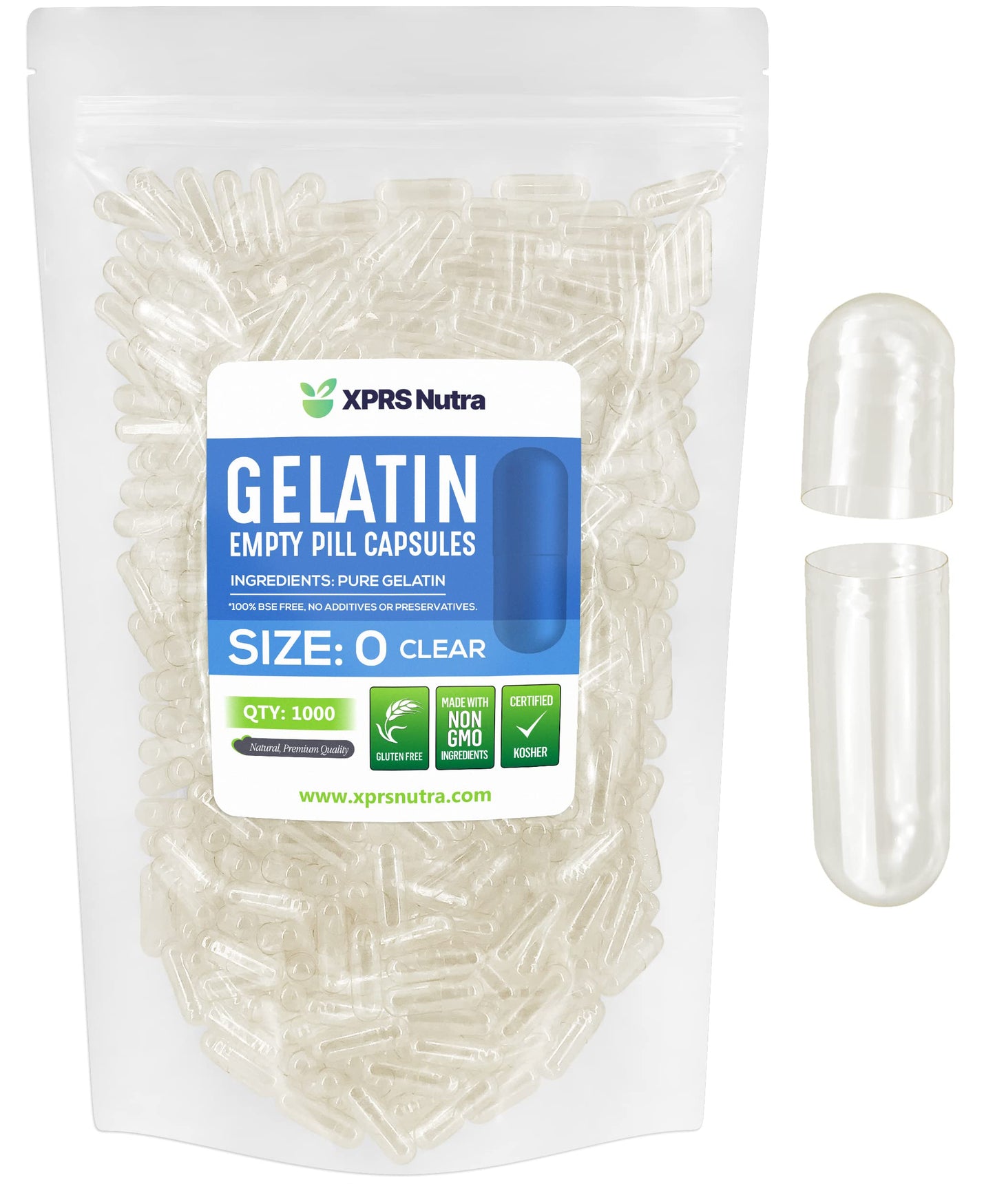 XPRS Nutra Size 0 Clear Gelatin Capsules - 1000 Count | Kosher & Halal | DIY Fillable Gel Caps