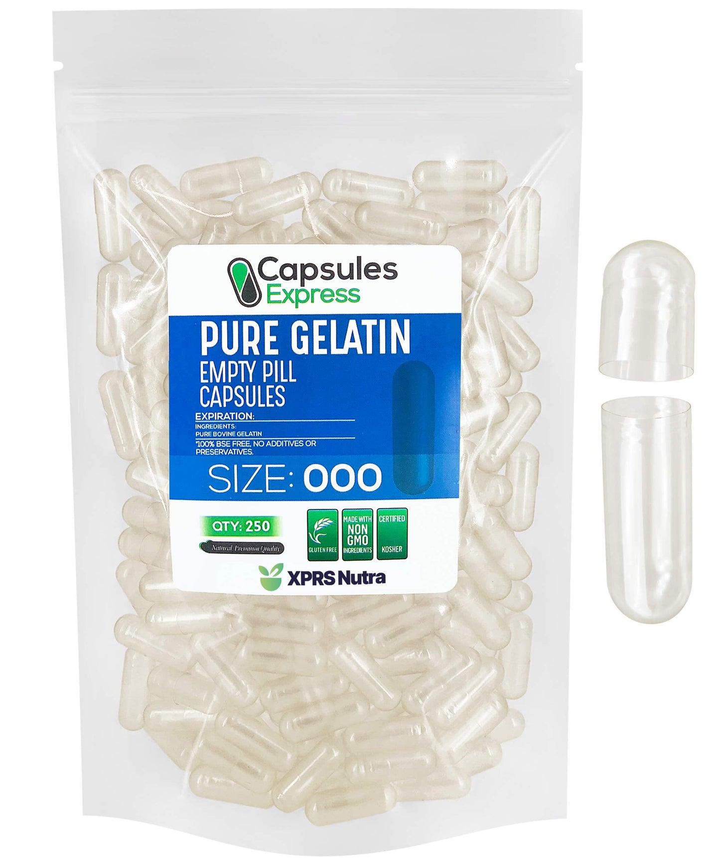 XPRS Nutra Size 000 Empty Capsules - 250 Count Clear Gelatin Caps for DIY Filling