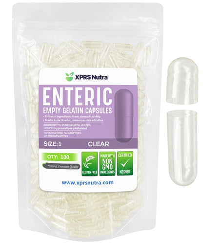 XPRS Nutra Size 1 Empty Capsules - Enteric Coated Gelatin Capsules (100 Count) | Clear, Delayed Release