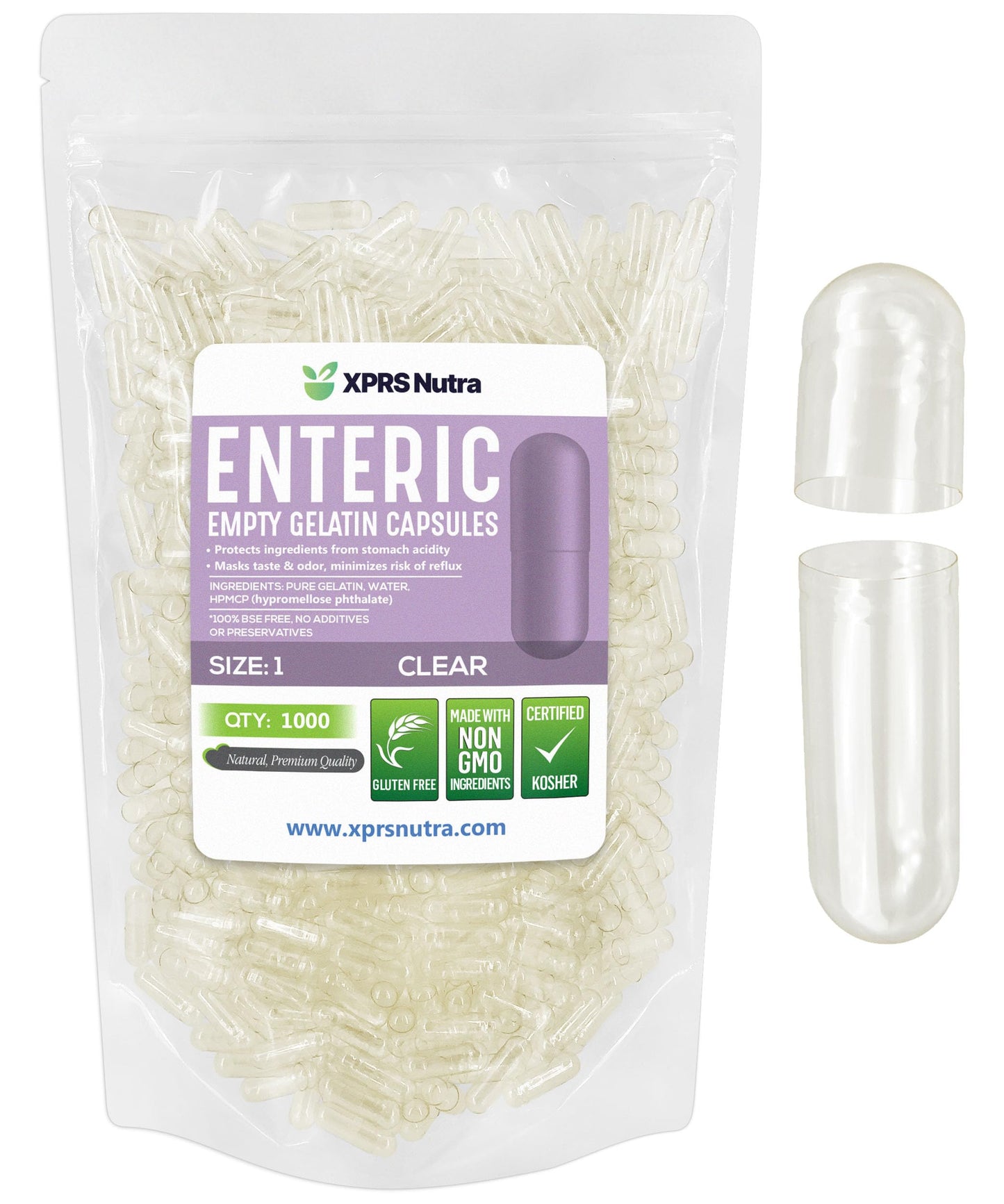 XPRS Nutra Size 1 Empty Gelatin Capsules - Enteric Coated, 1000 Count