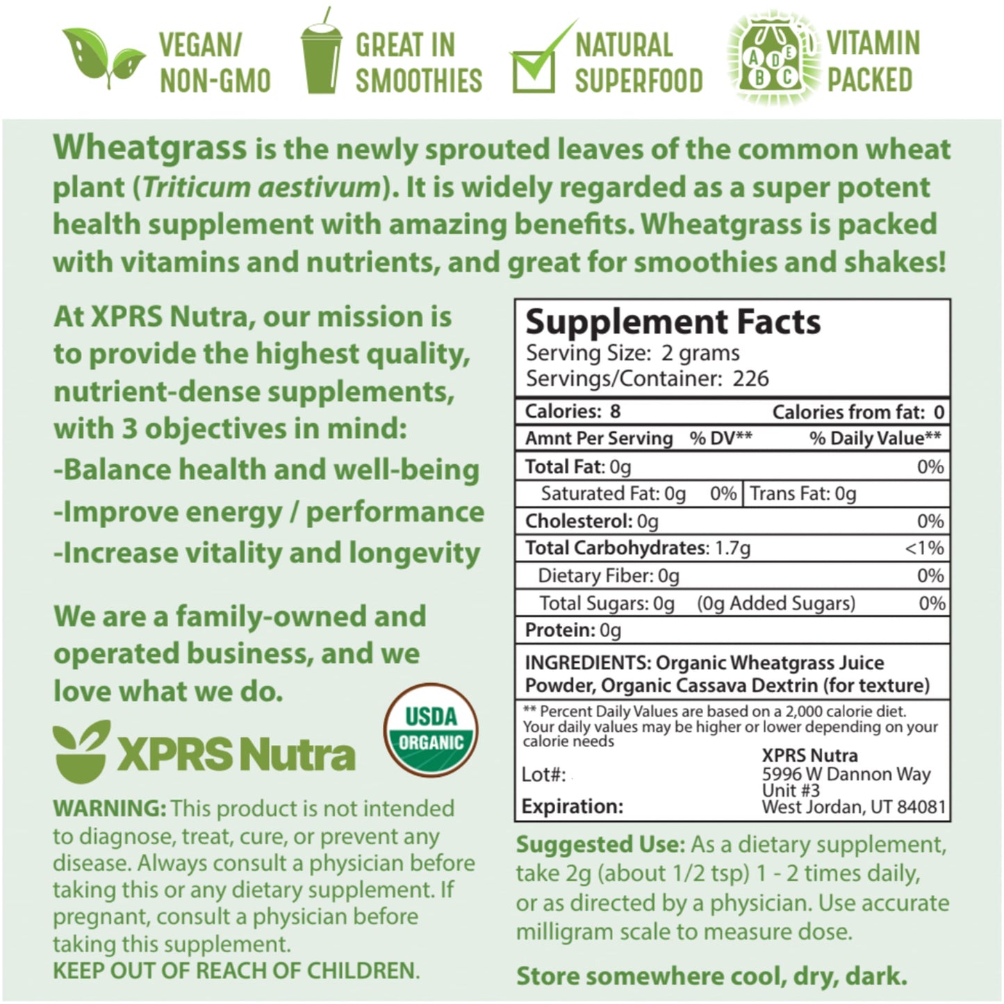 XPRS Nutra Organic Wheatgrass Juice Powder – Sustainably Grown – 16 oz