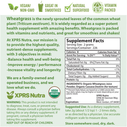 XPRS Nutra Organic Wheatgrass Juice Powder – Sustainably Grown – 16 oz