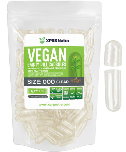 XPRS Nutra Vegan Size 000 Empty Capsules - 100 Count, Clear Veggie Caps