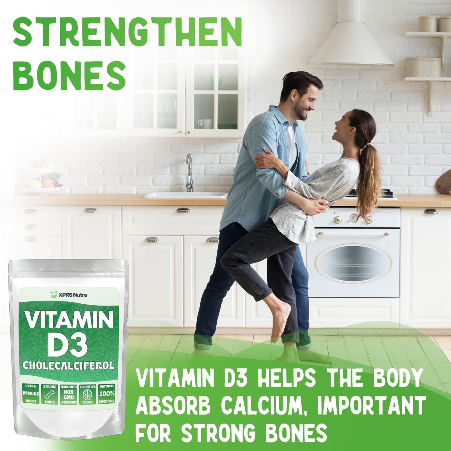 XPRS Nutra Vitamin D3 Powder (Cholecalciferol) - Unflavored D3 for Bones & Immunity - Vitamin D Powder Supplements (4 Ounce)