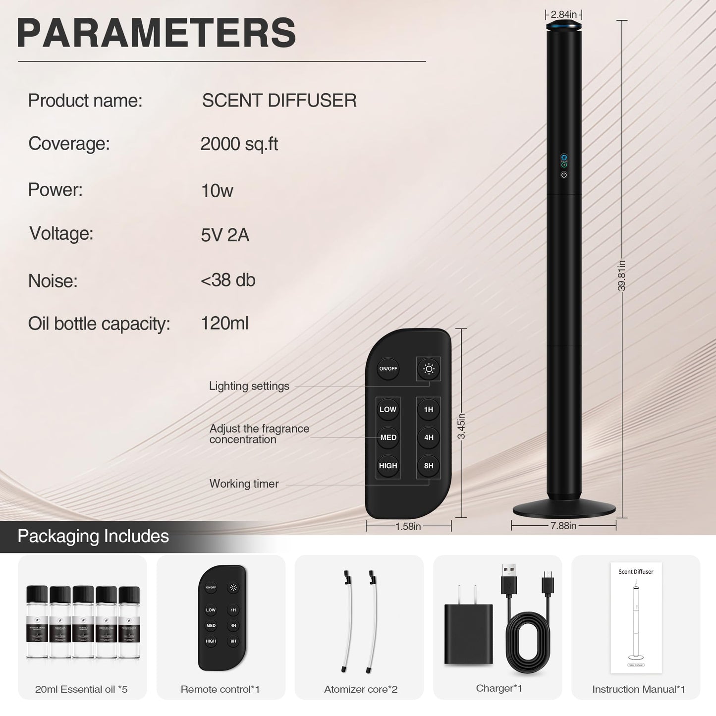 XspideM Waterless Scent Diffuser Starter Kit — 2,000 Sq Ft Coverage, 5 Oils, Remote, Black, 40in