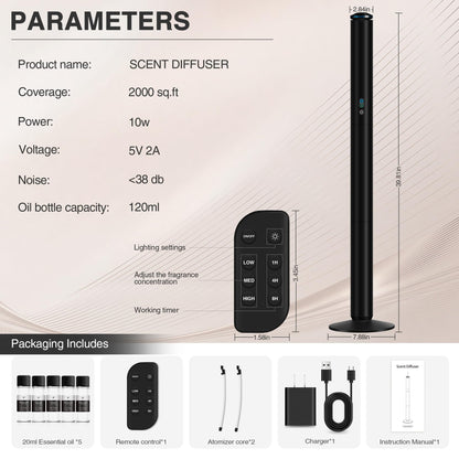 XspideM Waterless Scent Diffuser Starter Kit — 2,000 Sq Ft Coverage, 5 Oils, Remote, Black, 40in