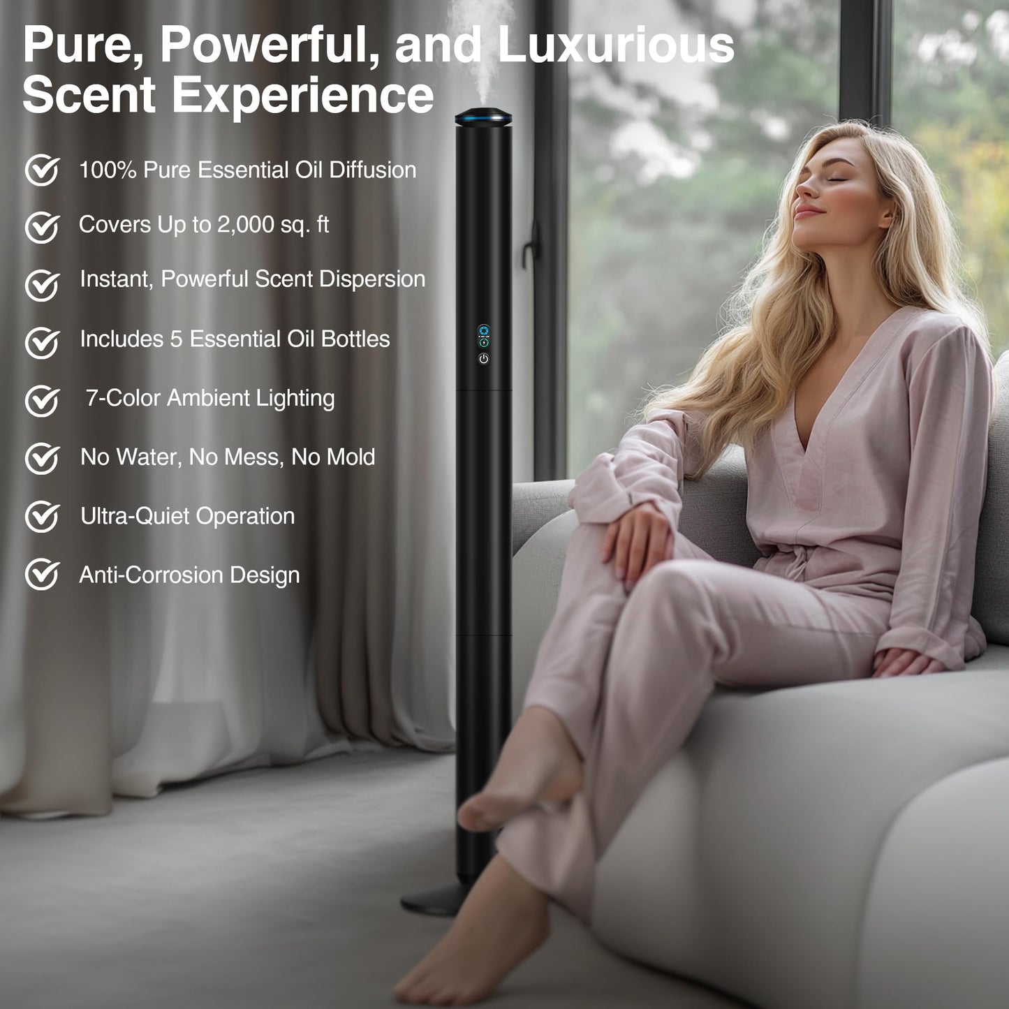 XspideM Waterless Scent Diffuser Starter Kit — 2,000 Sq Ft Coverage, 5 Oils, Remote, Black, 40in