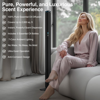XspideM Waterless Scent Diffuser Starter Kit — 2,000 Sq Ft Coverage, 5 Oils, Remote, Black, 40in