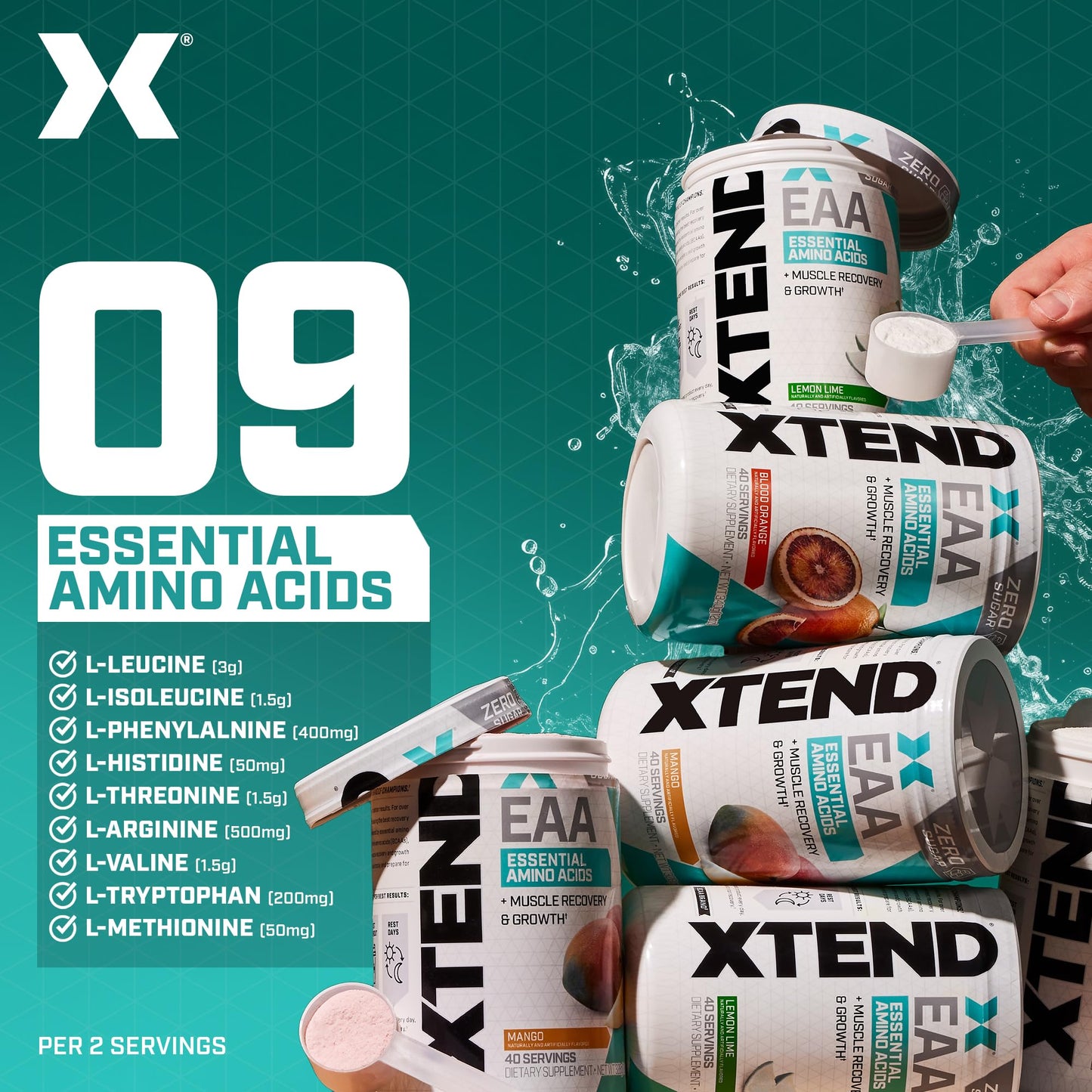 Xtend Scivation EAA + BCAA Powder | 9 Essential Amino Acids | 10g EAAs per 2 Servings | Lemon Lime | 40 Servings