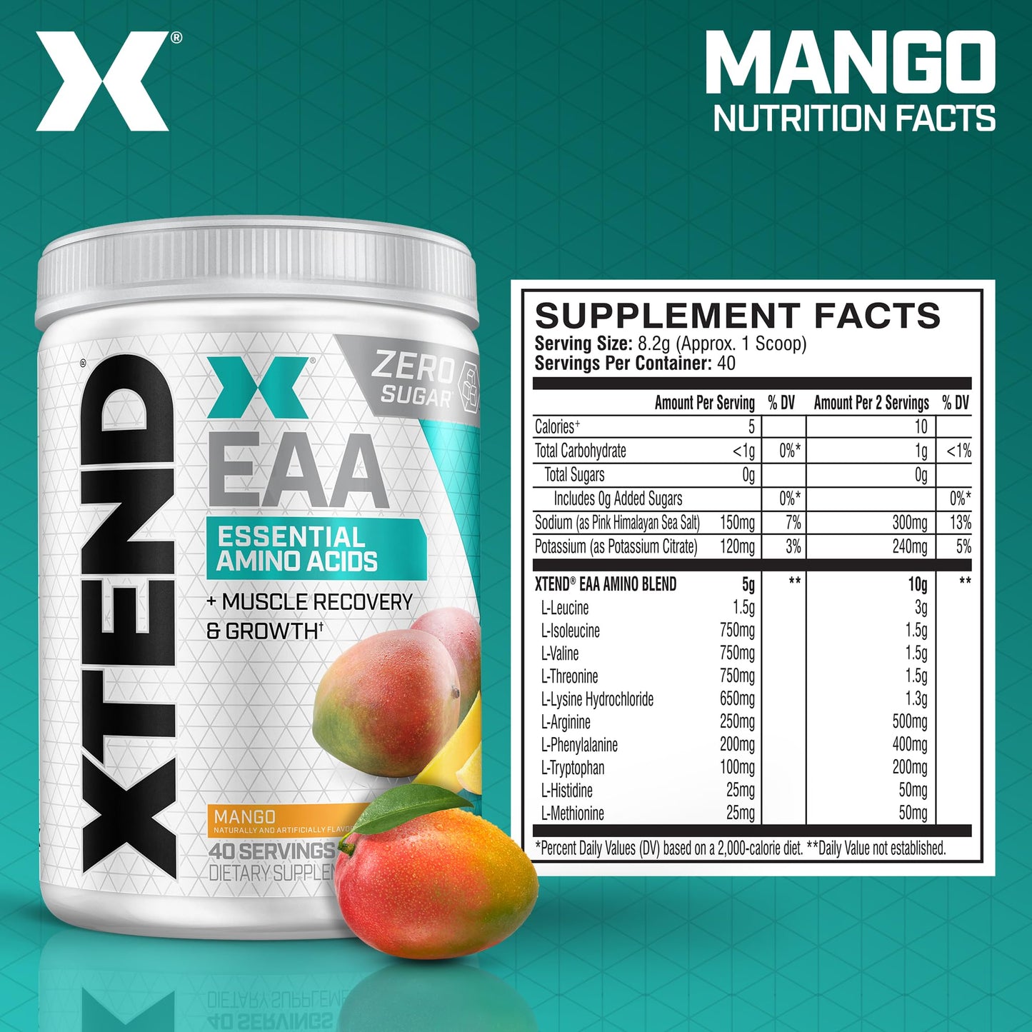 Xtend Scivation EAA + BCAA Powder - 9 Essential Amino Acids, 10g EAAs per 2 Servings, Mango, 40 Servings