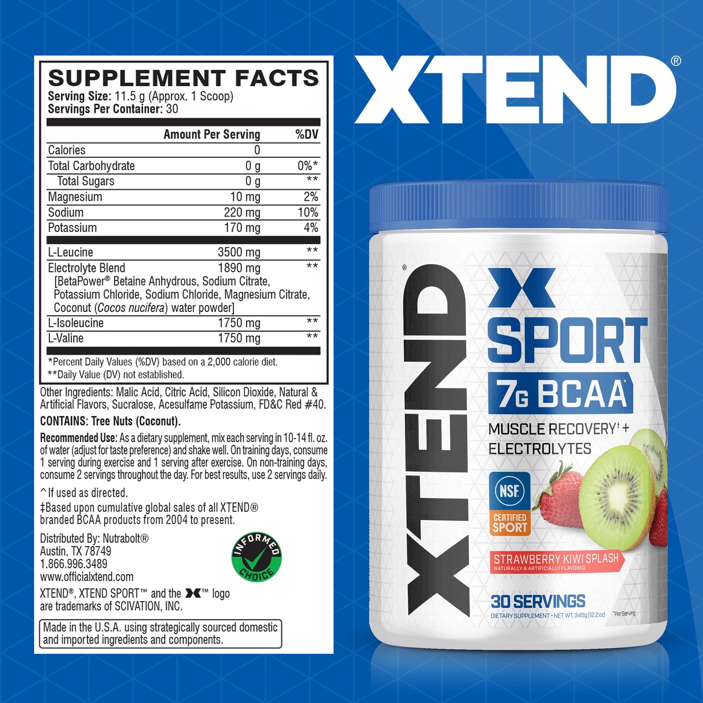 XTEND Sport BCAA Powder – Strawberry Kiwi Splash (30 Servings)