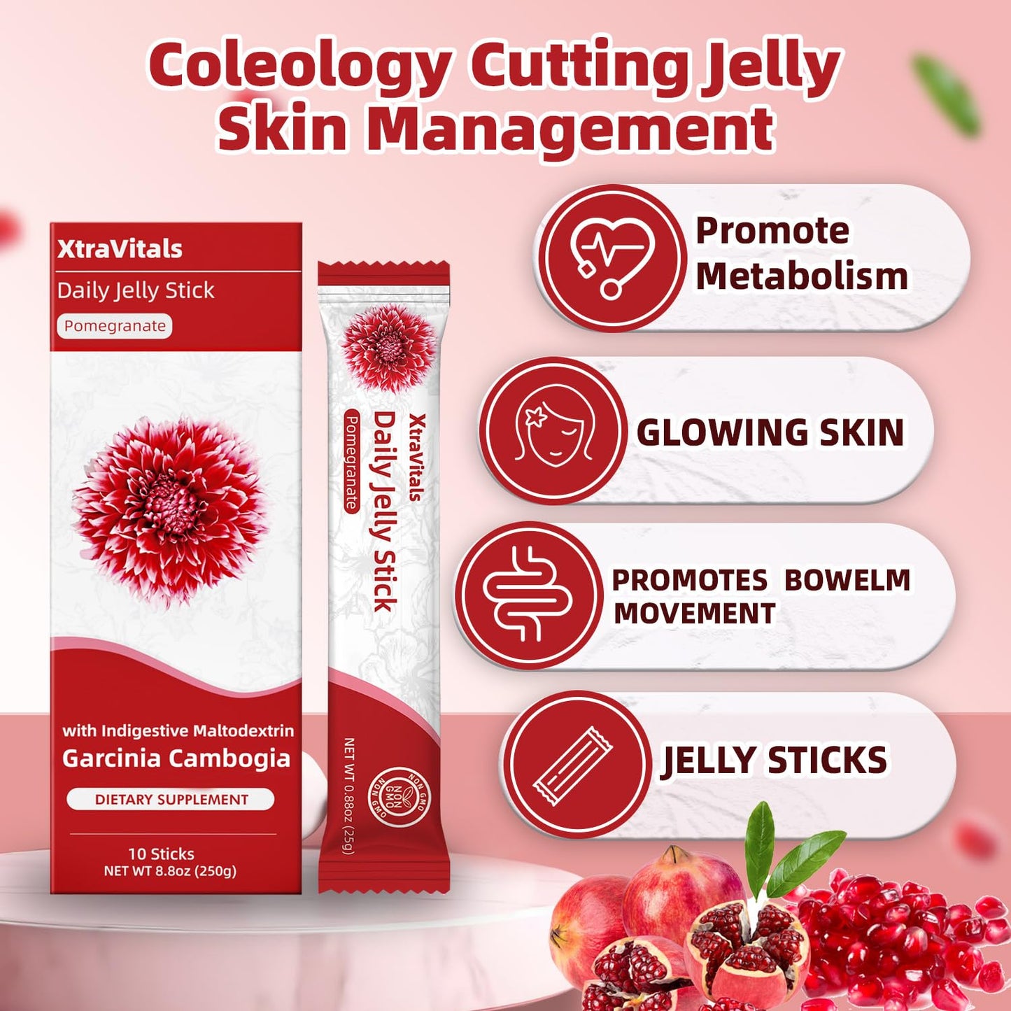 XtraVitals Coleology Cutting Jelly – Korean Jelly Sticks with 1200mg Garcinia Cambogia, Chia, Collagen, Detox & Digestion, Pomegranate Flavor, 10 Sticks
