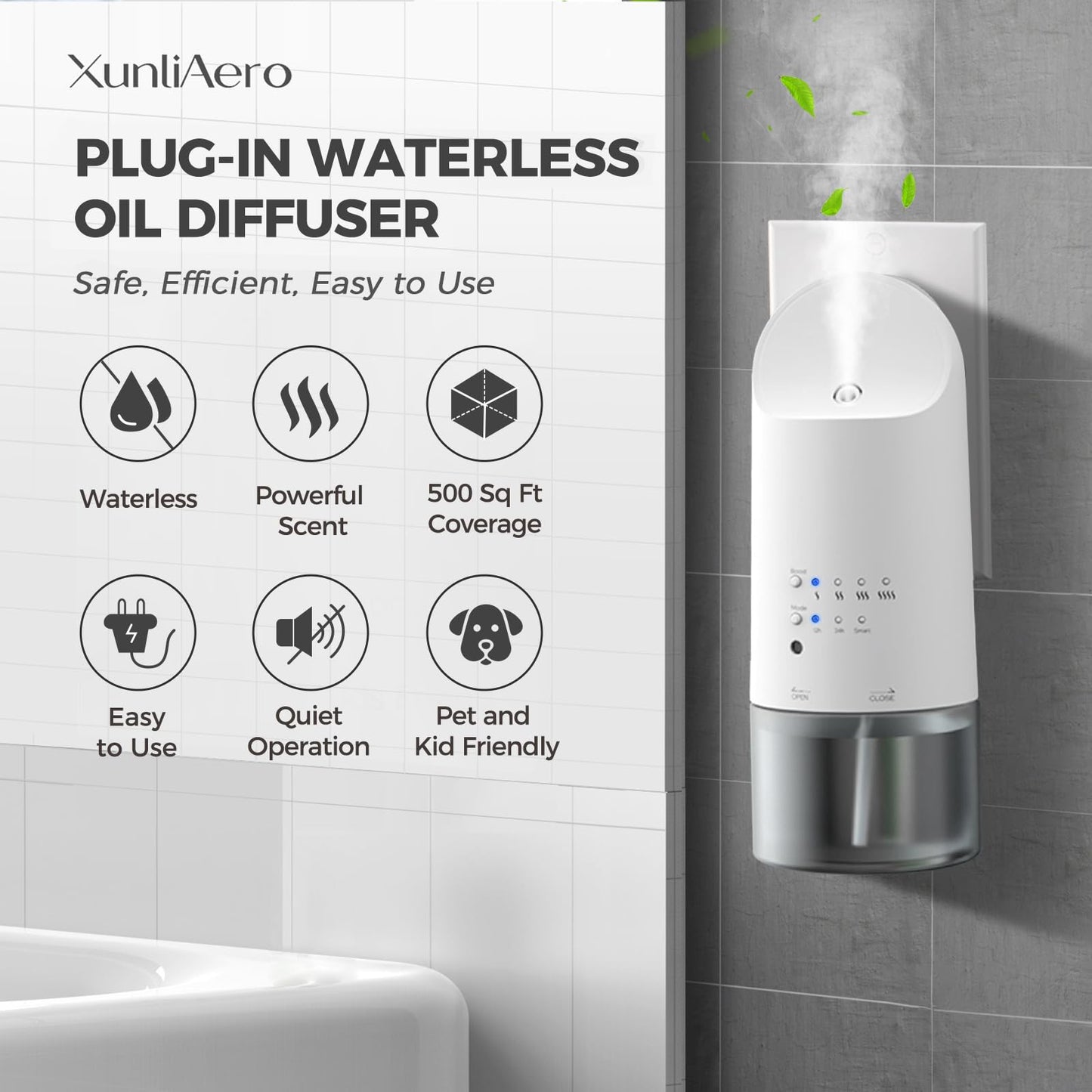 XunliAero Plug-in Waterless Diffuser — 500 sq ft Coverage, Nano Mist, Auto Day/Night, 160 ml