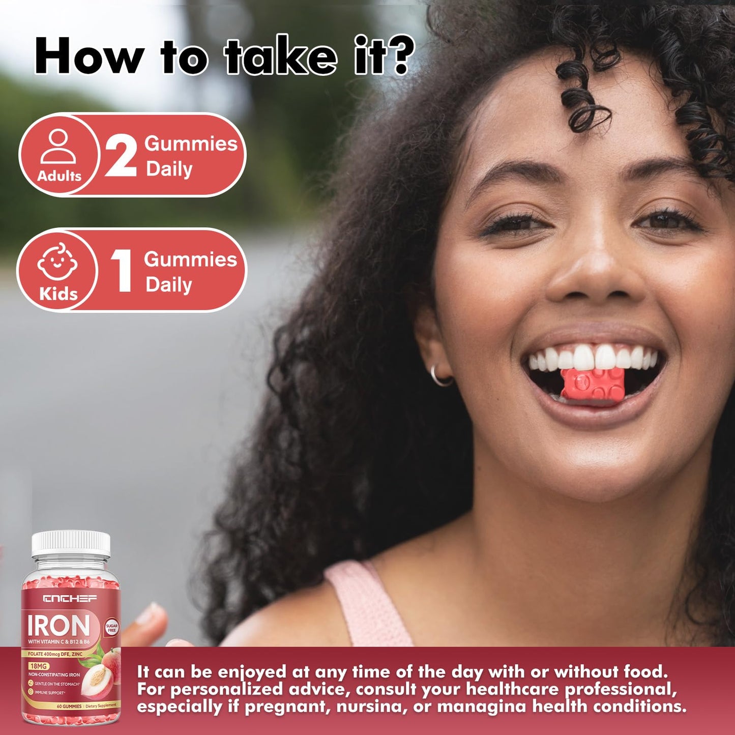 Iron Gummies for Women & Men – Peach Flavor, Vegan, 60 Gummies