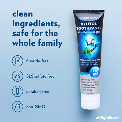XyloBurst Hydroxyapatite Toothpaste with Xylitol – Fluoride-Free, SLS-Free, Made in the USA, Cool Mint 4 oz