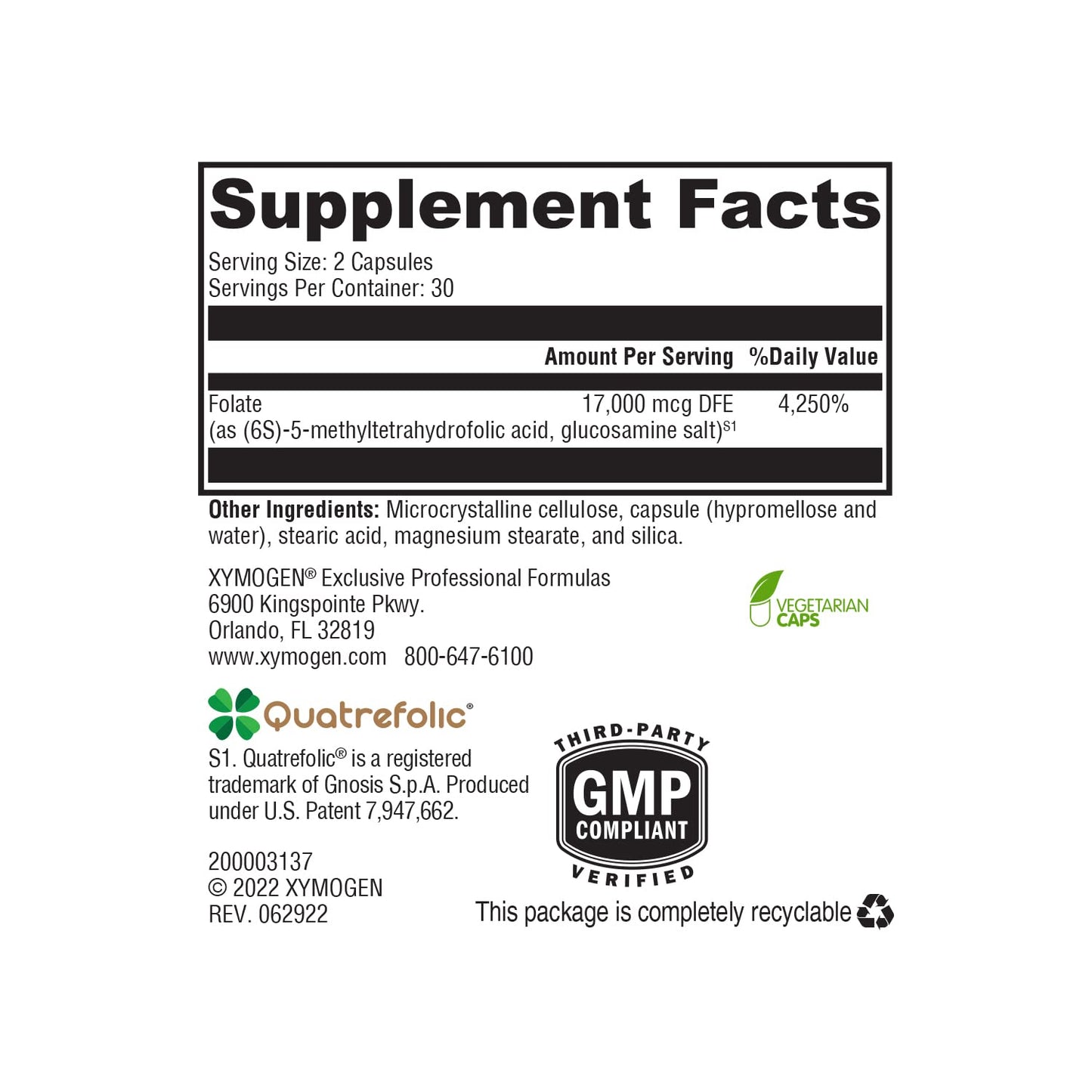XYMOGEN 5-MTHF ES – 17,000 mcg DFE L-Methylfolate (Quatrefolic) | Mood, Cardiovascular + Methylation Support | 60 Capsules