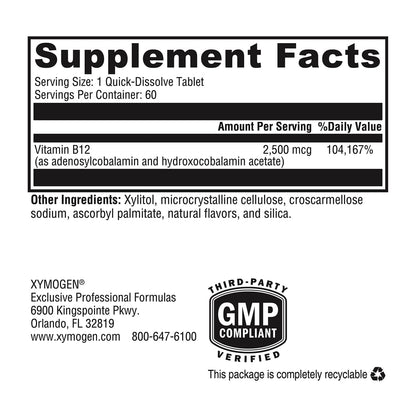 XYMOGEN Adeno+Hydroxo B12 (2,500 mcg) – Quick-Dissolve Lozenges for Cognitive Support