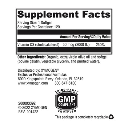 XYMOGEN D3 2000 IU Softgels | Bioavailable Vitamin D3 (50 mcg) for Immune & Bone Health (120 Softgels)