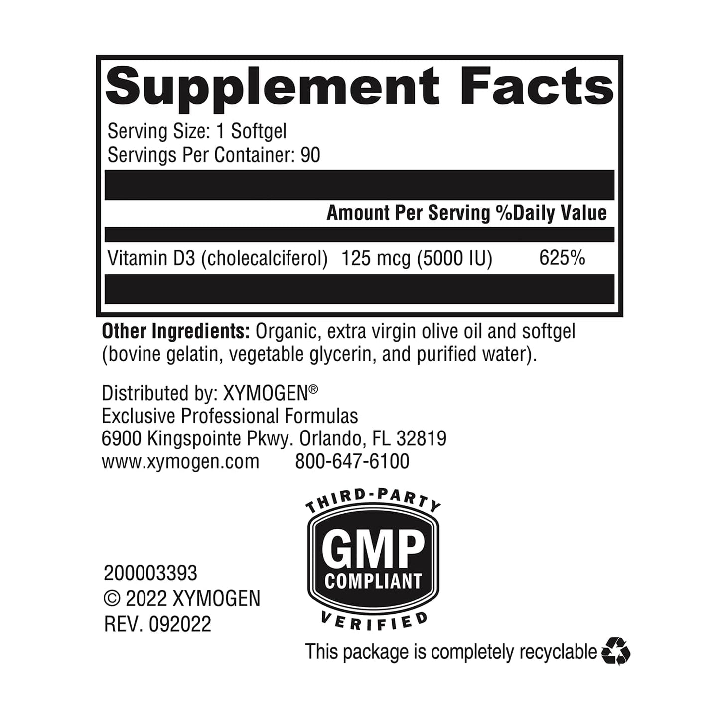 XYMOGEN D3 5000 IU – Bioavailable Vitamin D3 Softgels (90 Softgels)