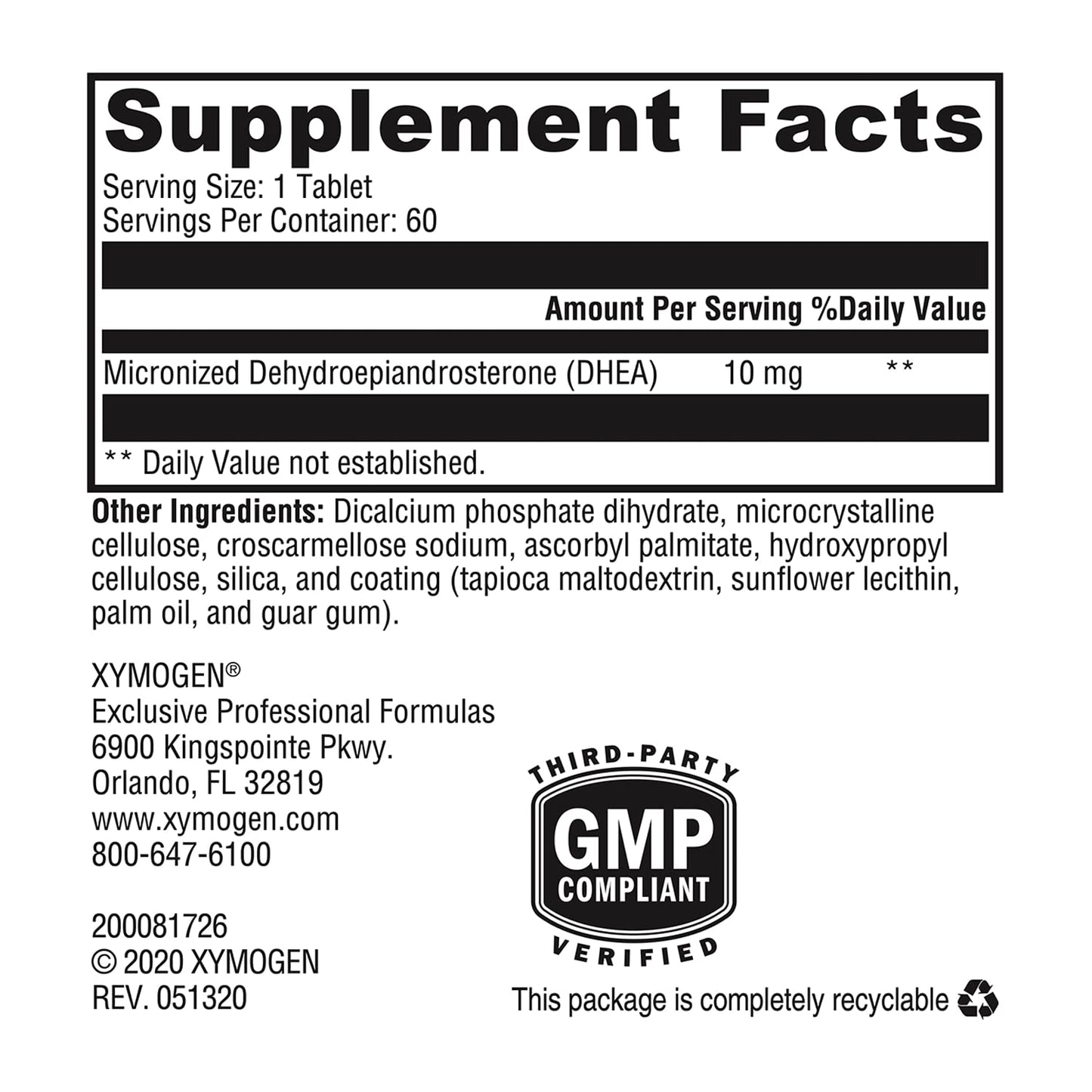 XYMOGEN DHEA 10 mg – Micronized DHEA for Hormone Balance & Adrenal Support (60 Tablets)