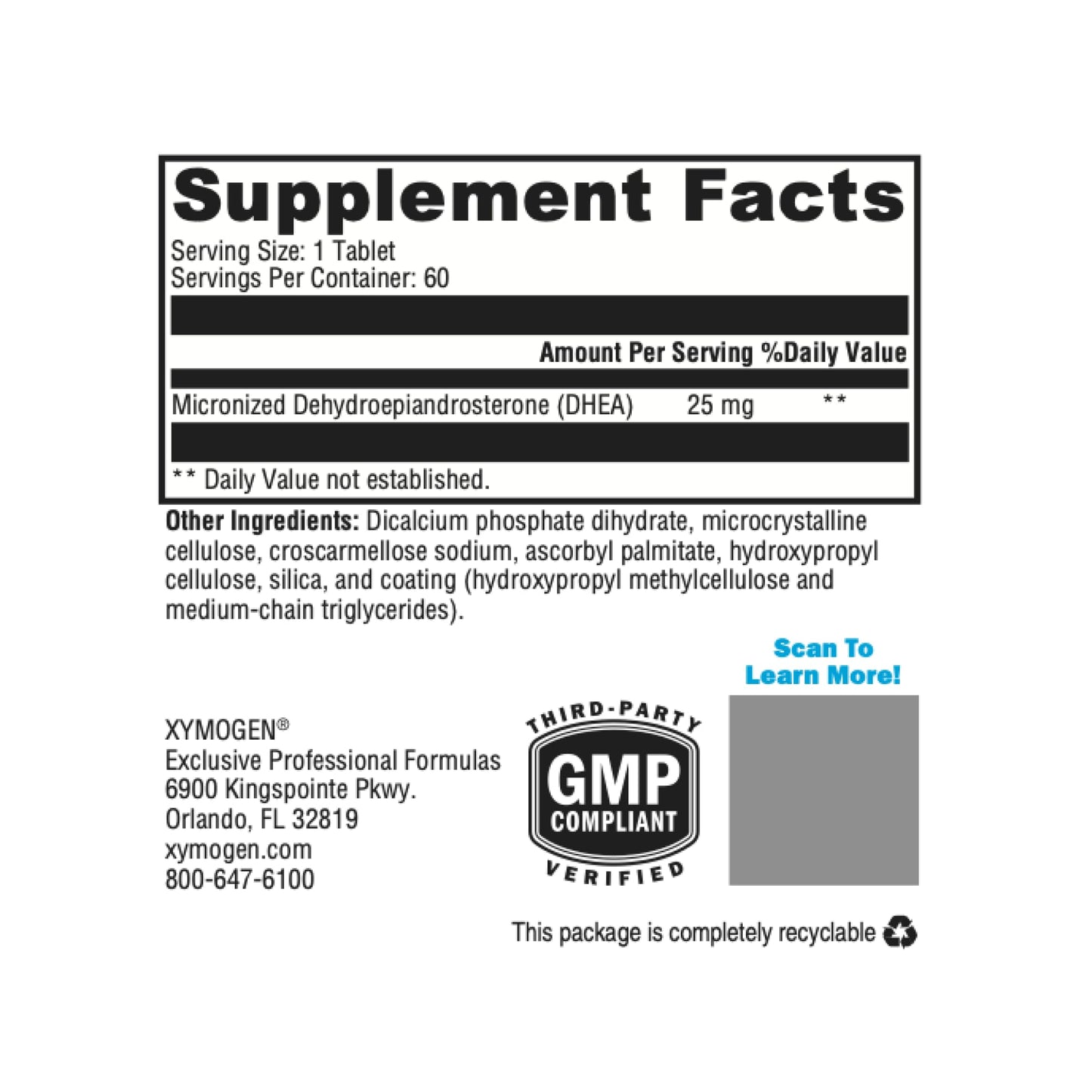 XYMOGEN DHEA 25 mg – Micronized DHEA Supplement for Women & Men | Adrenal Support