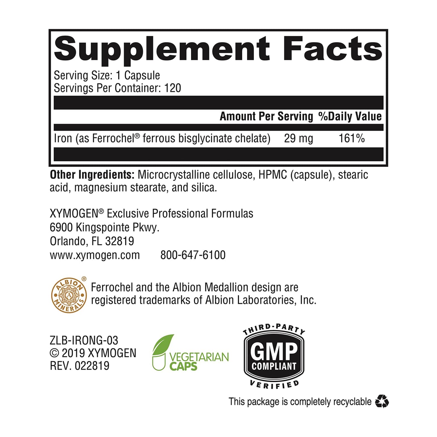 XYMOGEN Iron Glycinate Supplement – Patented Iron BisGlycinate Vitamin - Designed for High Absorption – Supports Hemoglobin & Ferritin Levels – Gentle on Digestion (120 Capsules)