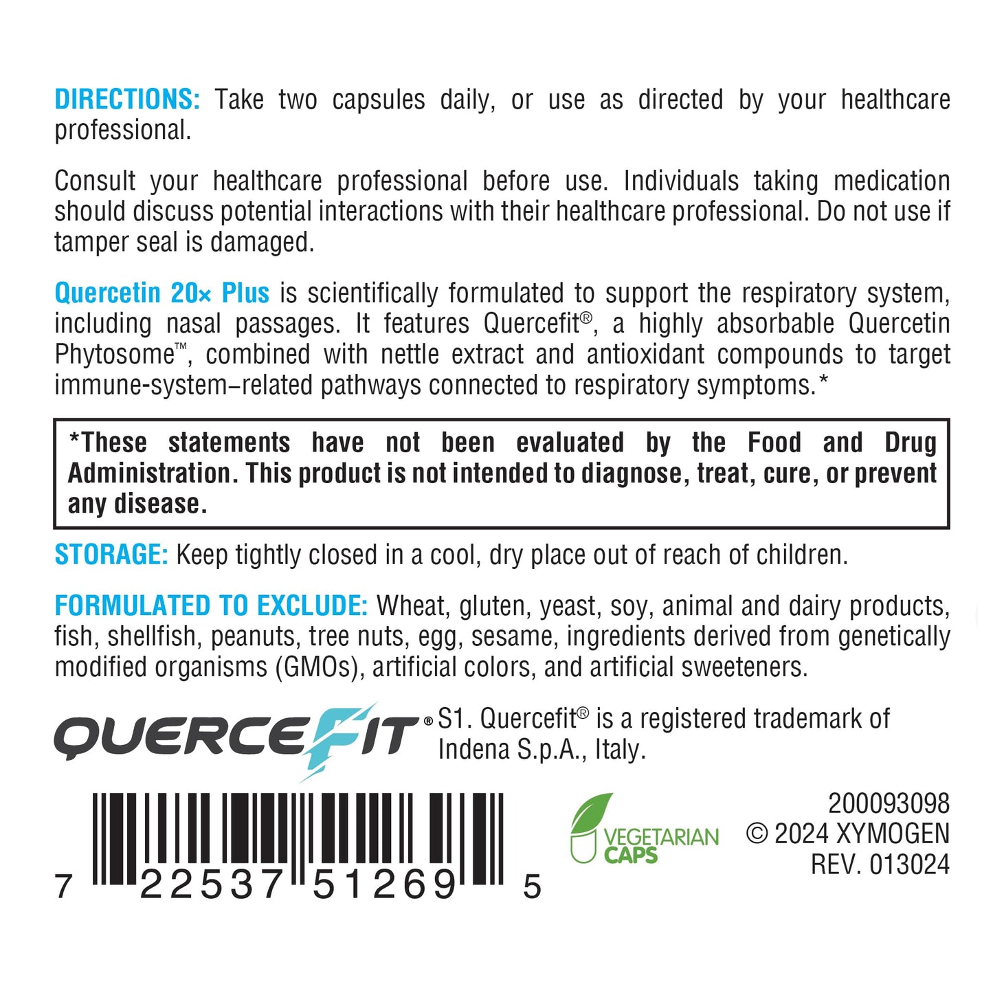 XYMOGEN Quercetin 20x Plus – Respiratory Support, Vegan & Gluten-Free (60 Capsules)