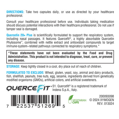 XYMOGEN Quercetin 20x Plus – Respiratory Support, Vegan & Gluten-Free (60 Capsules)