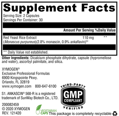 XYMOGEN Red Yeast Rice - Non-GMO, Citrinin-Free Cardiovascular Support (60 Capsules)