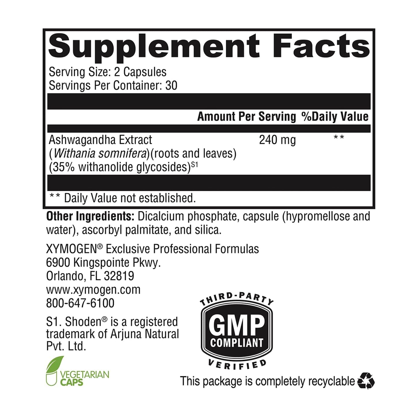 XYMOGEN Ashwagandha 35% Withanolide Glycosides – Purified Root+Leaf Extract (60 Capsules)