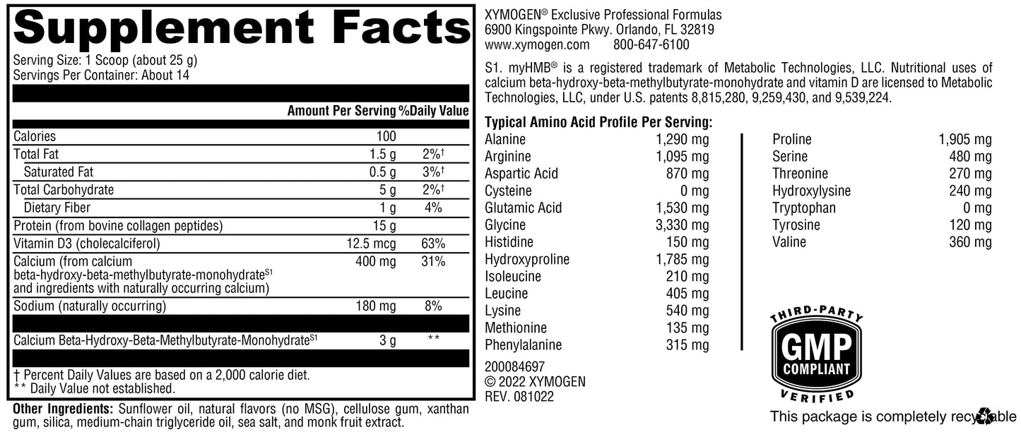 XYMOGEN FIT Food Collagen – Bovine Collagen Peptides with HMB + Vitamin D3, Vanilla, 15g Protein, 12.35 oz