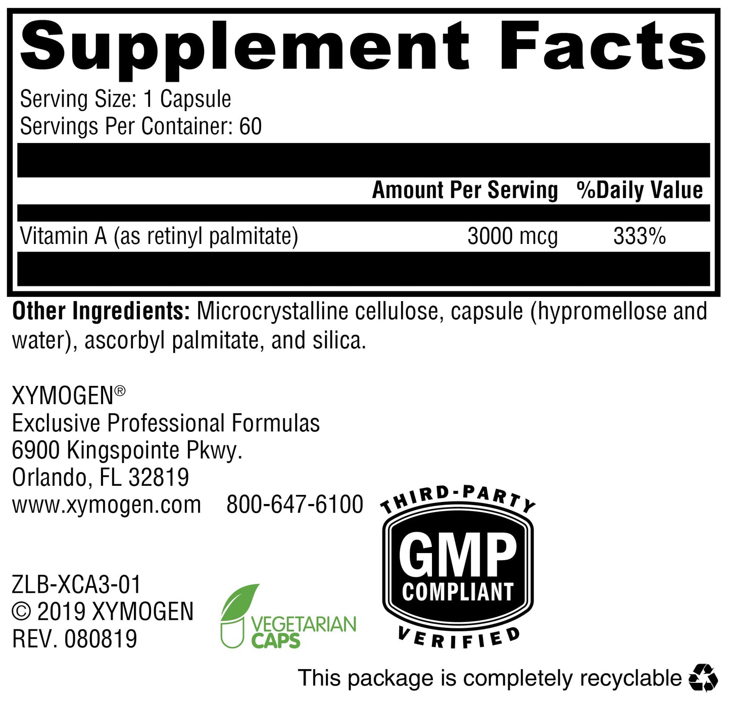 XYMOGEN Xcellent A 3000 - 10,000 IU Vitamin A (Retinyl Palmitate) - 60 Capsules