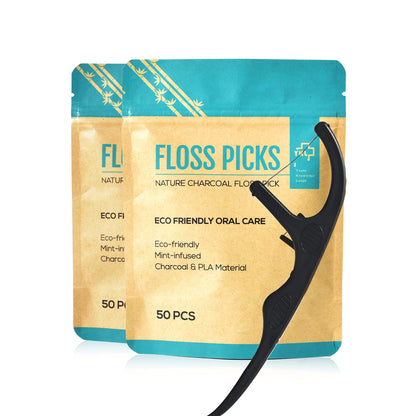 Y-Kelin Natural Dental Floss Picks – Vegan, Eco-Friendly, Black Bamboo Charcoal, Mint, 100 Pcs