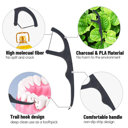 Y-Kelin Natural Dental Floss Picks – Vegan, Eco-Friendly, Black Bamboo Charcoal, Mint, 100 Pcs