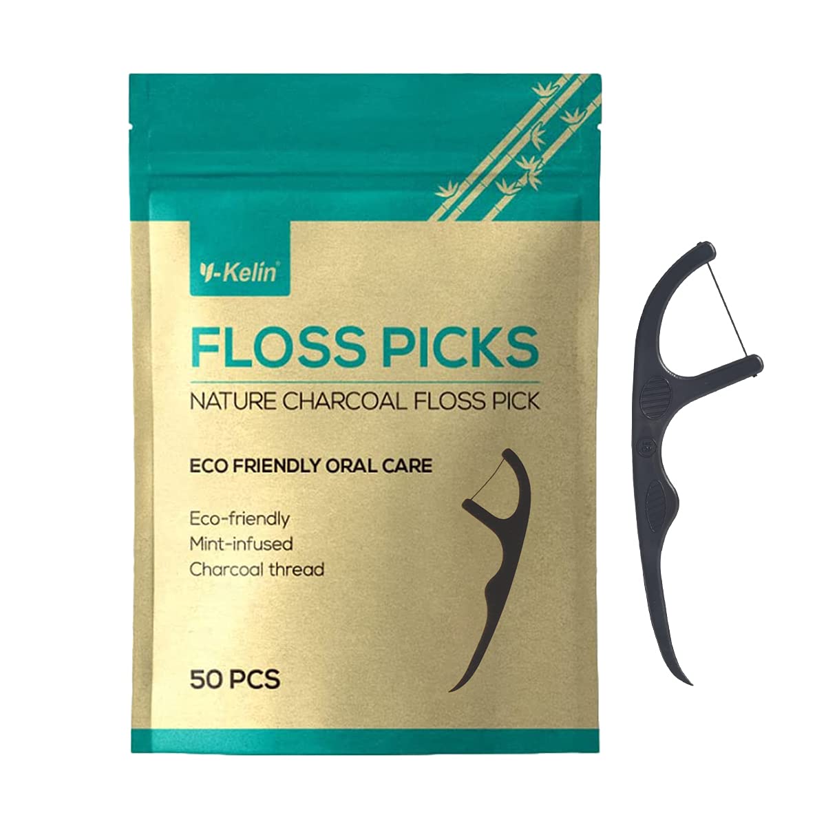 Y-Kelin Natural Dental Floss Picks – Vegan, Eco-Friendly, Black Bamboo Charcoal, Mint, 100 Pcs