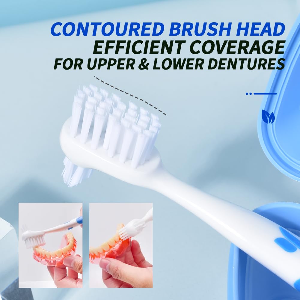Y-Kelin Denture Brush with Hard Bristles - Dual Head, Non-Slip Rubber Handle (Red & Blue, 2 Pcs)